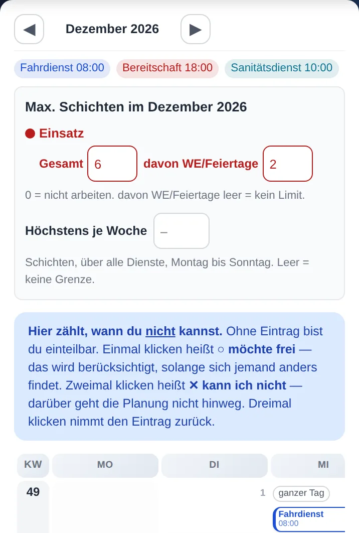 Verfügbarkeit einer Helferin auf dem Handy: Sperrliste im Dezember — eingetragen, wann sie nicht kann