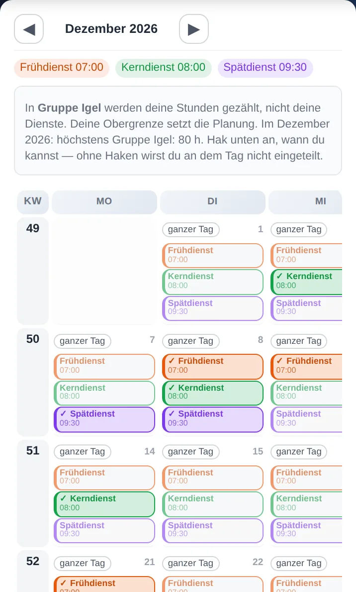 Verfügbarkeit einer Kita-Mitarbeiterin auf dem Handy: Früh-, Kern- und Spätdienst, gezählt in Stunden, angetippte Tage im Dezember