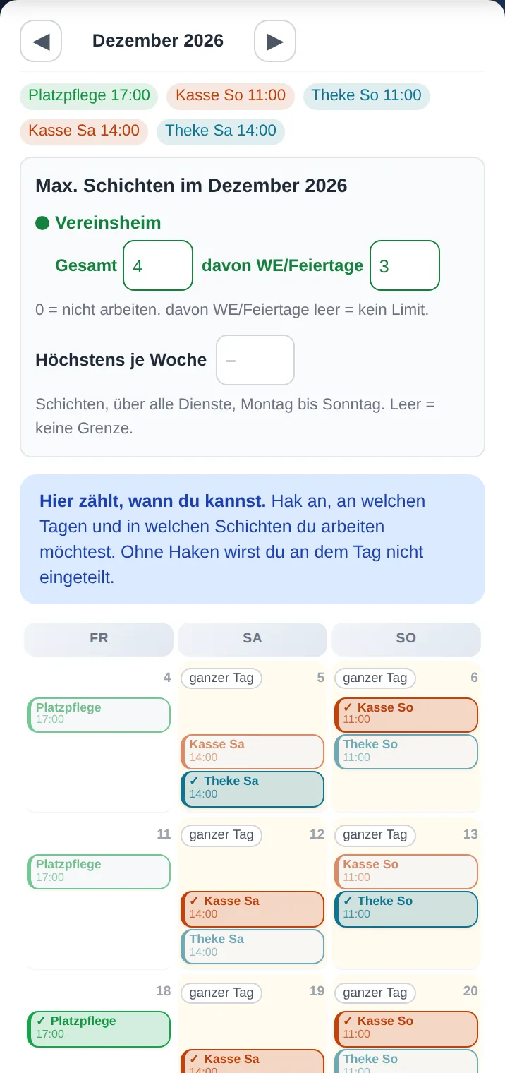 Verfügbarkeit eines Vereinsmitglieds auf dem Handy: Theke, Kasse und Platzpflege an den Wochenenden, angetippte Dienste