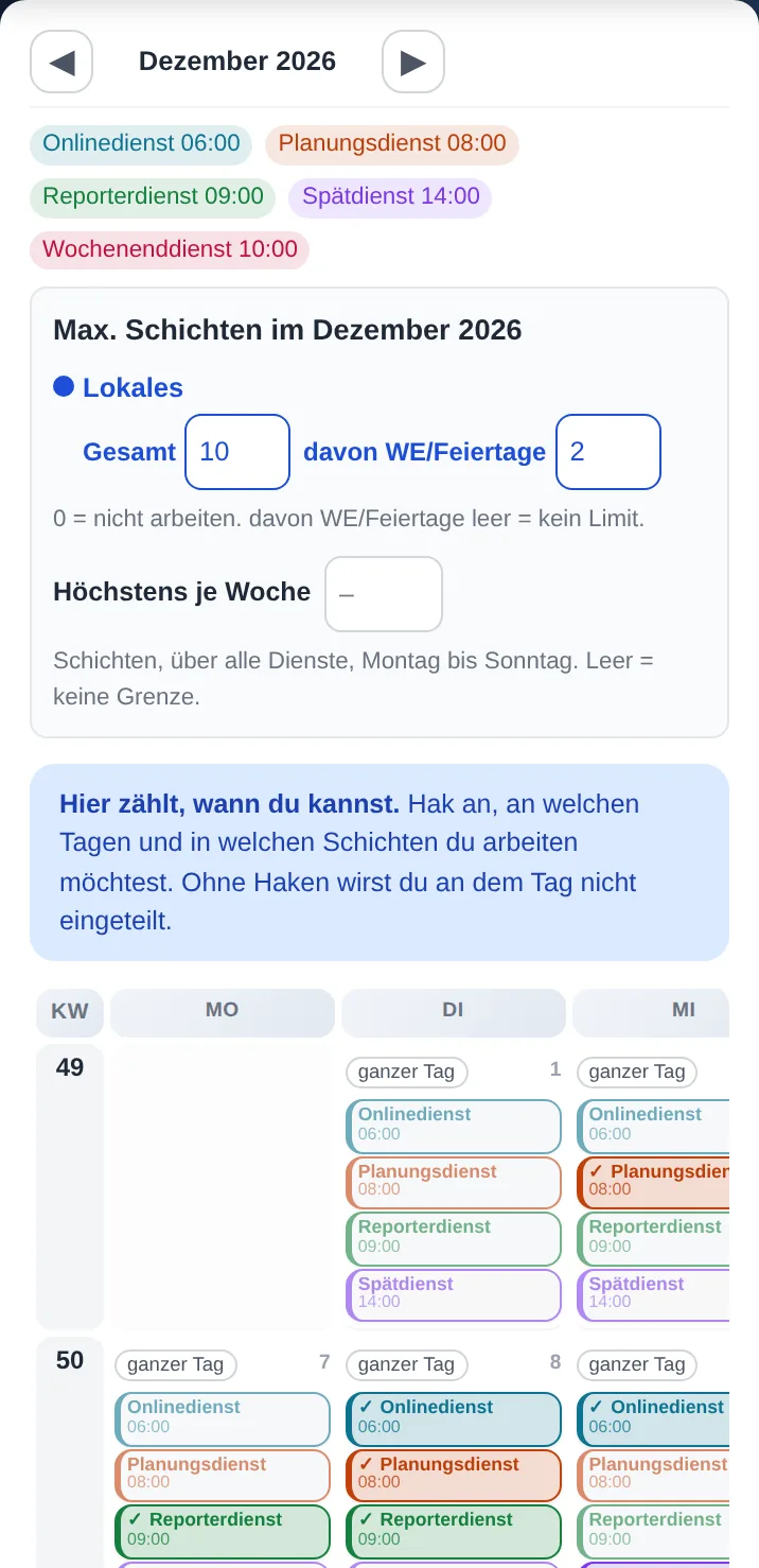 Verfügbarkeit eines freien Mitarbeiters auf dem Handy: angetippte Tage und Schichten im Dezember
