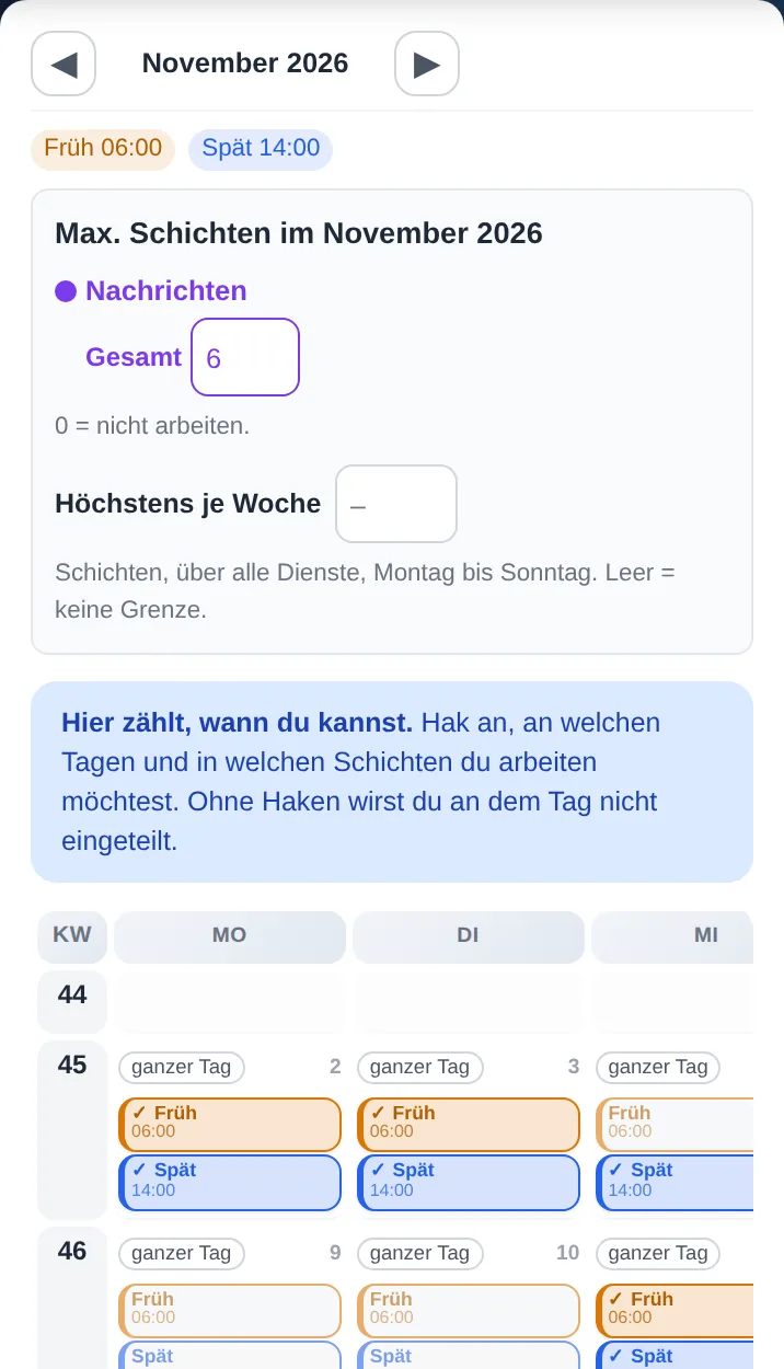 Verfügbarkeit im Schichtpool auf dem Handy: Kalender mit angetippten Früh- und Spätschichten